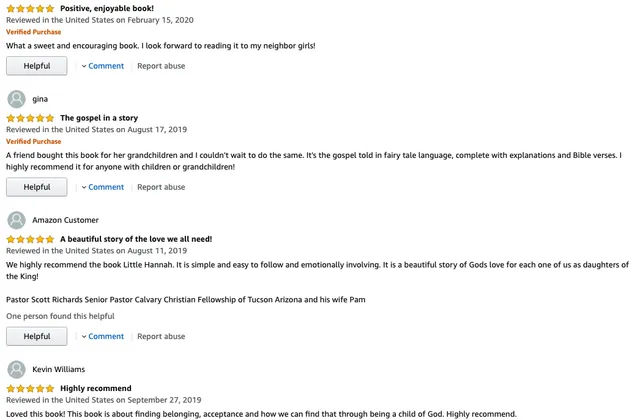 Screenshot of 5 star Amazon reviews for Little Hannah