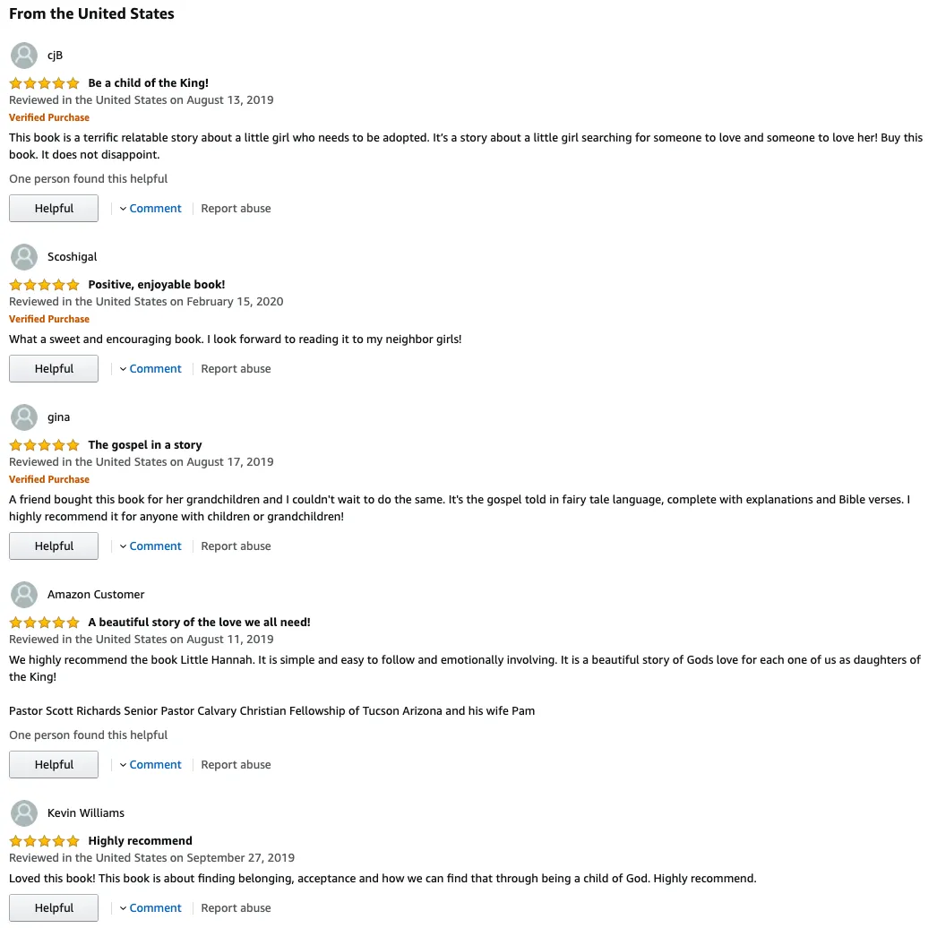 Screenshot of 5 star Amazon reviews for Little Hannah